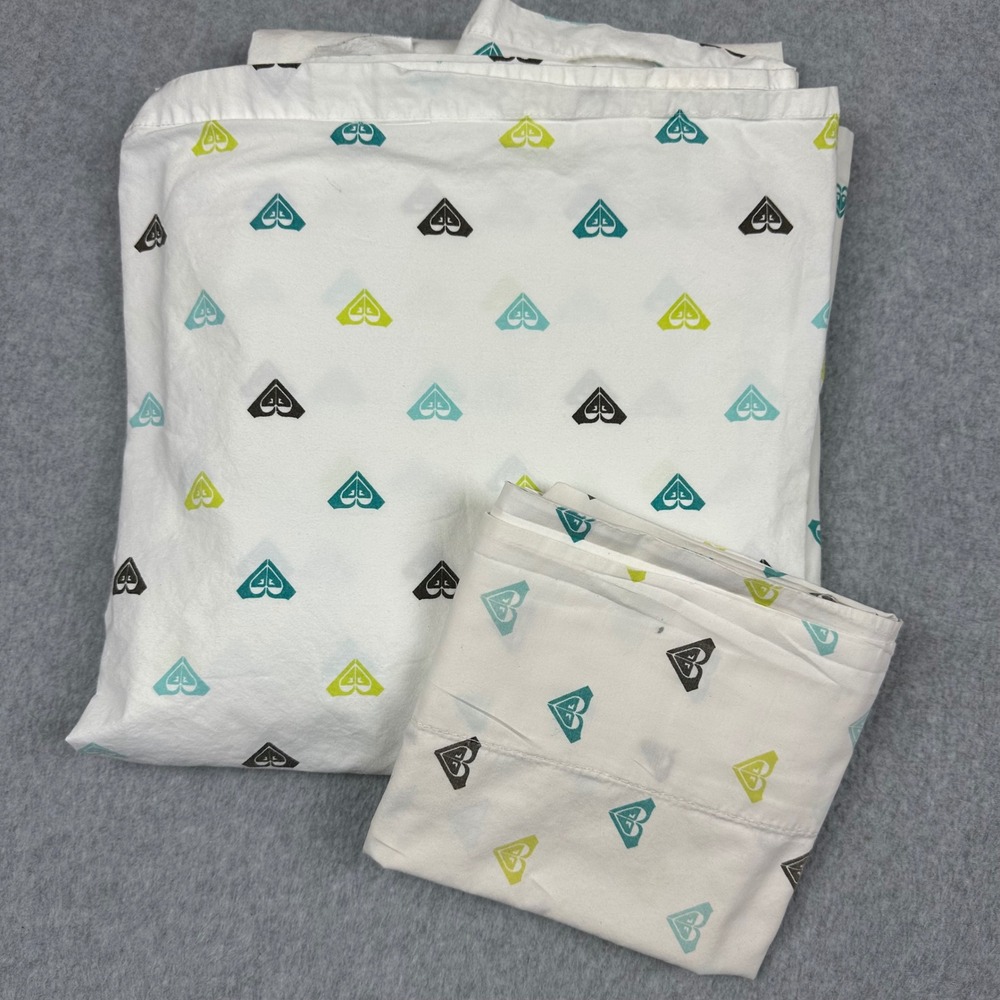 Roxy White Cotton Flat Sheet and Pillowcase Set Heart Logo Teal Lime Grey
